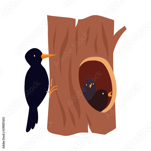 Cute Bird as Forest Habitant Sitting in Tree Hollow Vector Illustration