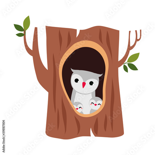 Cute Owl with Little Owlet as Forest Habitant Sitting in Tree Hollow Vector Illustration