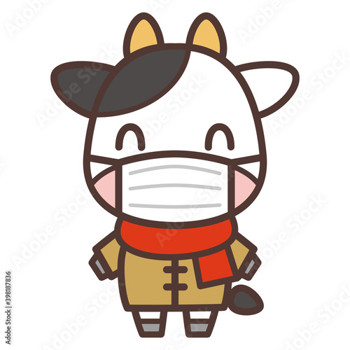 暖かい格好の牛のキャラクター　Cow character in warm clothes