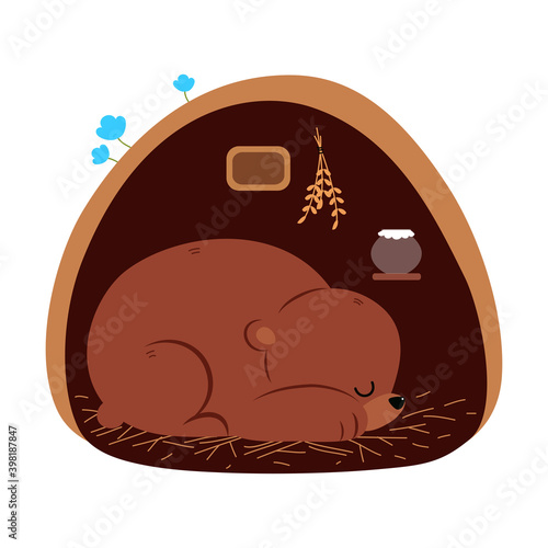 Brown Bear as Forest Animal Sleeping in Burrow Vector Illustration