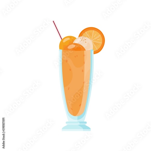 Glass of cold milkshake decorated with ice cream and orange slices. Summer re...