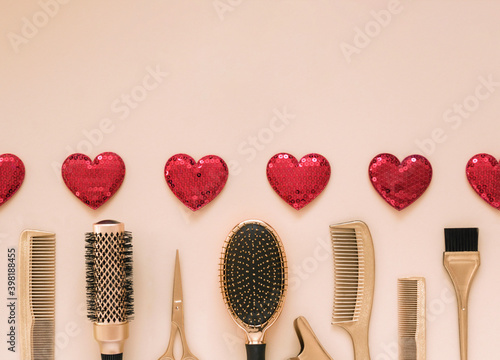 Canvas Print Valentines day template with hairdressing tools and hearts