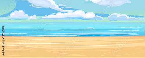 Sea coastal landscape. Flat style illustration. Sandy beach in the ocean, summer sky and distant horizon. Vector