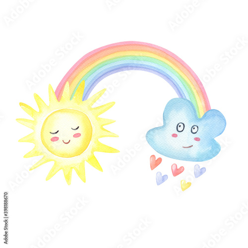 Watercolor rainbow,cloud with rain of hearts, sun on white background.Color realistic spectrum.Cute Watercolour illustration for print,greeting card,kids textile.