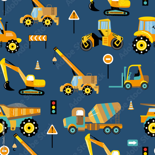 Construction machinery. Seamless pattern of special cars. Design for baby room, fabric, textile, wallpaper, packaging.