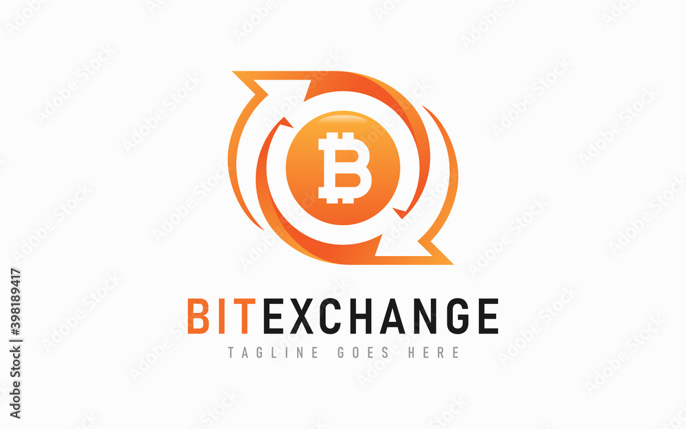 Bitcoin Exchange Logo Design. Abstract Arrow and Bitcoin Symbol Design Usable For Business, Community, Foundation, Industrial, Tech, Services Company. Flat Vector Logo Design Illustration.