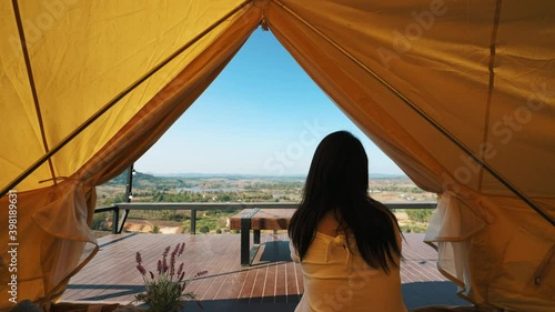 young Japanese teen girl brunette women tourist adult woman asian mature looking the sky outdoors on a hike mountains camping taking a photo with lover viewpoint at Chiang mai, Mon Jam, Thailand.