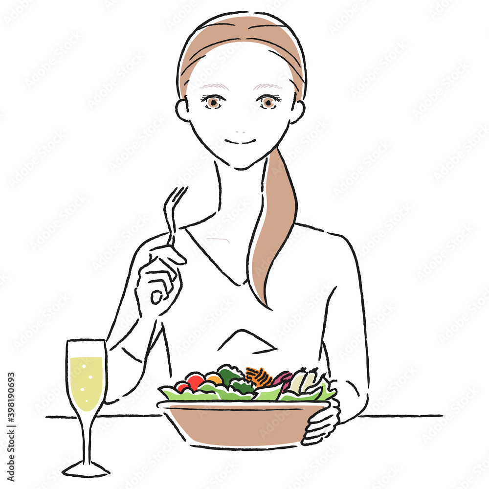 若い女性のイラスト ボウルにたくさん入った野菜のサラダを食べている健康的な女性 Stock Vector Adobe Stock