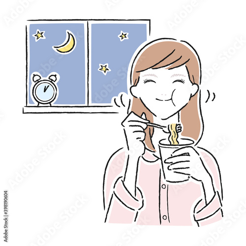 若い女性のイラスト。夜中にカップラーメンを食べている不健康な女性。