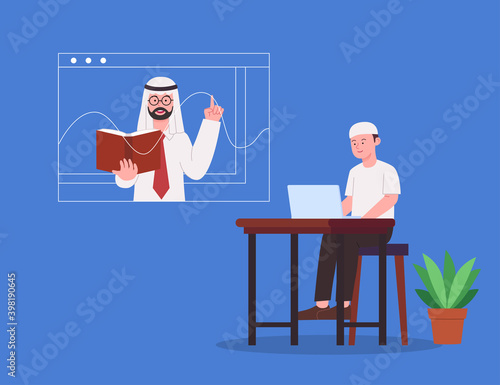 Online Education Arabian Teacher Explaining Lesson During Online Class to Remote Student Flat Illustration