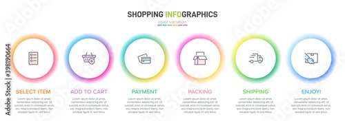Concept of shopping process with 6 successive steps. Six colorful graphic elements. Timeline design for brochure, presentation, web site. Infographic design layout.