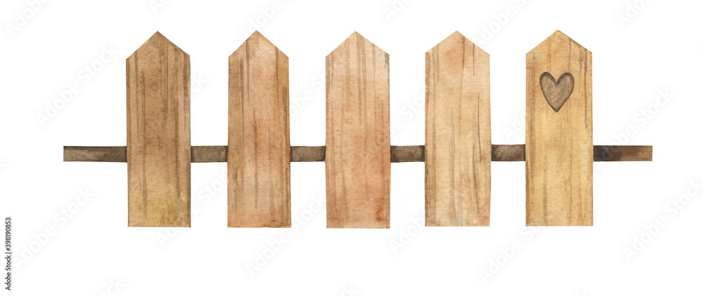 Wooden timber fence with a burnt heart in it. Sharp triangle planks for decoration. Isolated design element for festival, wedding, birthday, game design. Wooden timber fence with a burnt heart in it. Sharp triangle planks for decoration. Isolated design element for festival, wedding, birthday, game design.