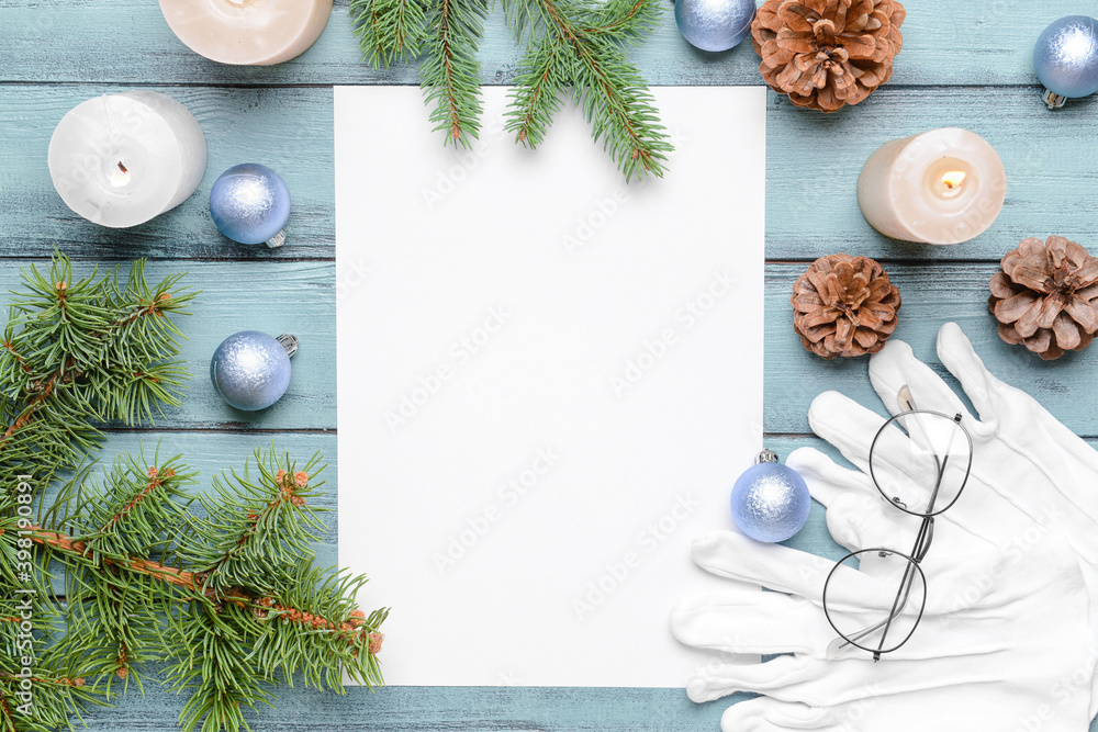 Blank paper for letter to Santa and Christmas decor on color wooden background Blank paper for letter to Santa and Christmas decor on color wooden background
