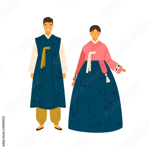 Korean couple wearing traditional costumes. Female character in decorated national dress hanbok. Man from Korea in folk festive clothes. Flat vector cartoon illustration isolated on white
