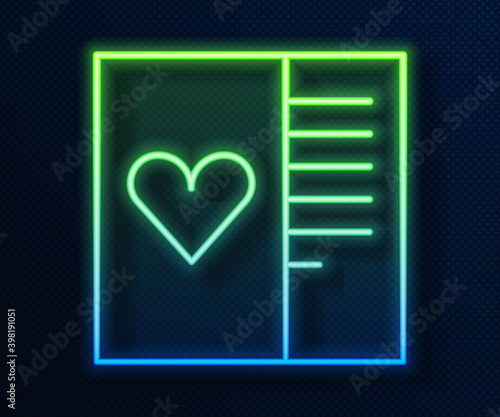 Glowing neon line Postcard with heart icon isolated on blue background. Message love. Letter love and romance. Vector.