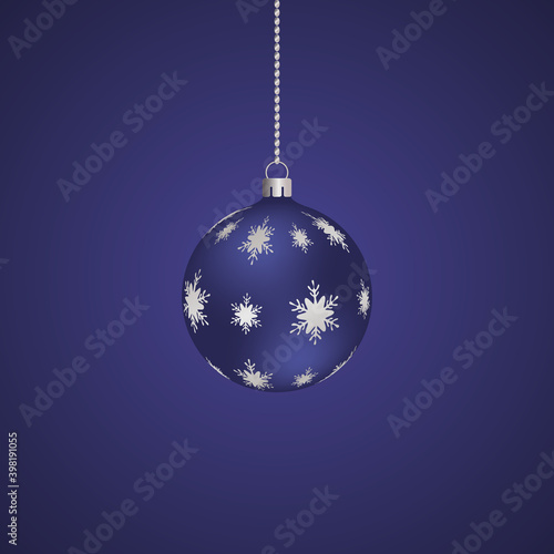 Christmas tree toy. Purple glass ball. Ornament from silver snowflakes. Colored vector illustration. Isolated purple background. The Christmas decoration is hung on a chain. Delicate decor.