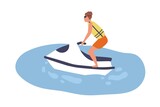 Young man on aquabike. Male character riding jetski. Scene of summer extreme recreation or jet skiing. Sportsman on hydrocycle or water bike. Flat vector cartoon illustration isolated on white