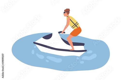 Young man on aquabike. Male character riding jetski. Scene of summer extreme recreation or jet skiing. Sportsman on hydrocycle or water bike. Flat vector cartoon illustration isolated on white