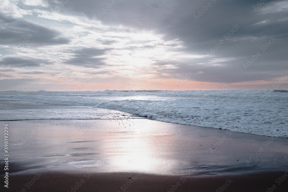 Peaceful tranquil scene, beautiful sunset on the beach in light pink and blue colors