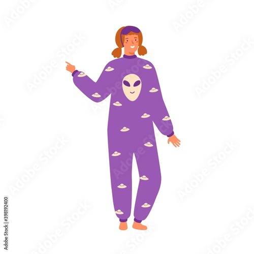 Young cheerful woman wearing cozy pajamas. Female character in comfortable cute homewear. Flat vector cartoon illustration of teenager in funny jumpsuit and with sleep mask isolated on white