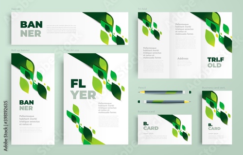 Abstract rhombus Set flyer cover, tri-fold, banner, roll up banner, business card green color