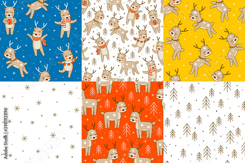 Set of seamless patterns with cute little deers and Christmas trees and snowflakes - cartoon backgrounds for winter holiday textile or wrapping paper design