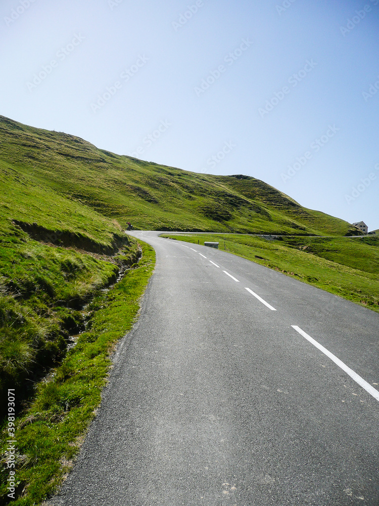 Mountain road in the French Pyrenees. High quality photo. Copy Space for characters or letters
