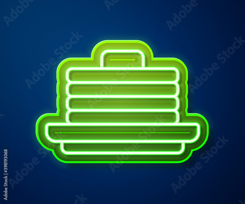 Glowing neon line Stack of pancakes icon isolated on blue background. Baking with syrup and cherry. Breakfast concept. Vector.