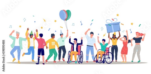 Happy people with disabilities dancing, flat vector illustration. Birthday party. Disabled man and woman in wheelchairs having fun together with friends. Disabled people lifestyle.