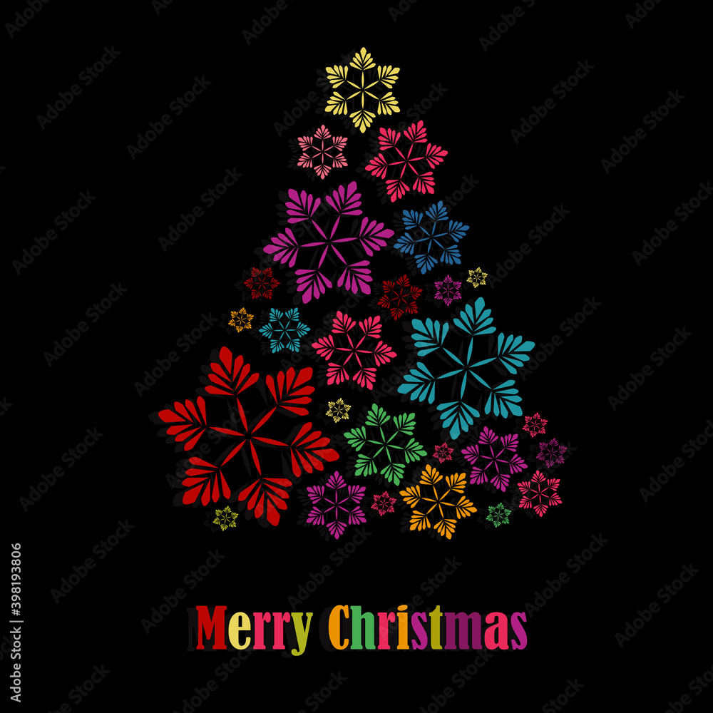 Obraz premium Greeting card 2021. Colorful Christmas tree made of snowflakes on a black background with the wish 