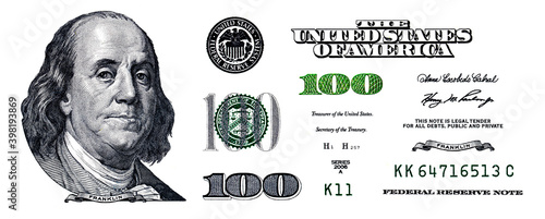 U.S. 100 dollar banknote. Elements for design purpose on white background photo