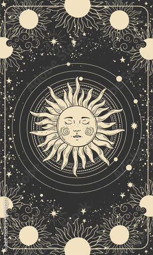 Mystical drawing of the sun with a face, tarot cards, boho illustration, magic card. Golden sun with closed eyes on a black background with stars. Vector hand drawing