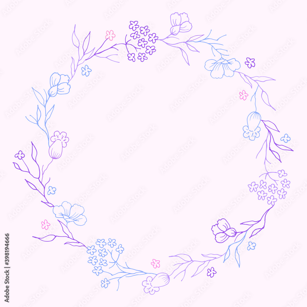 vector drawing, curly wreath of flowers and branches with leaves on a pink background