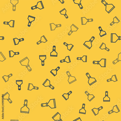 Blue line Putty knife icon isolated seamless pattern on yellow background. Spatula repair tool. Spackling or paint instruments. Vector.