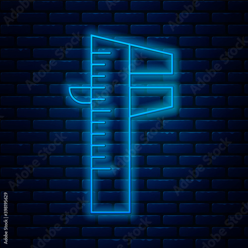 Glowing neon line Calliper or caliper and scale icon isolated on brick wall background. Precision measuring tools. Vector.