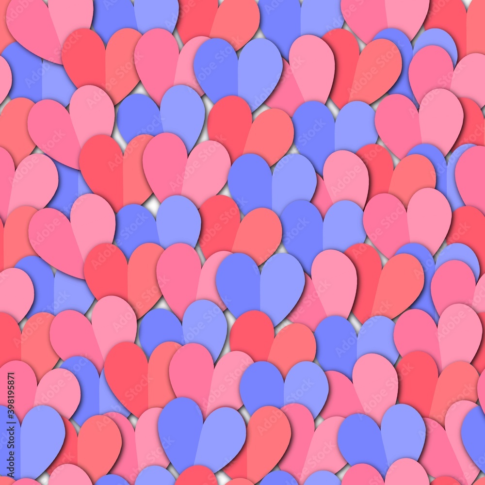Heart shapes paper cut style seamless pattern. Repeating background with overlapping folded heart stickers in pink red purple blue. For gift bags, gift wrap, Valentines, birthday, wrapping, wedding.