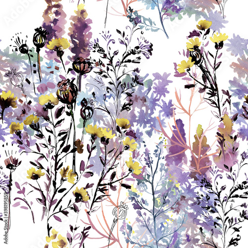 Watercolor seamless pattern with field flowers. Hand drawn illustration with yellow tiny flowers.