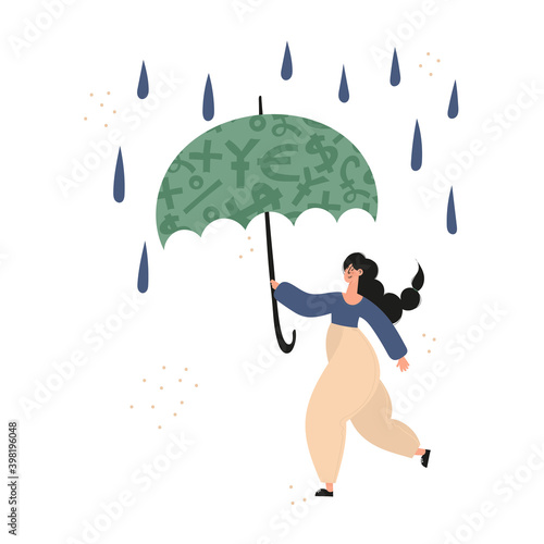 Woman using emergency trust fund as umbrella to cover under it in difficult times. Personal finance, money savings, emergency support fund, personal capital, insurance, financial growth concept.