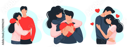 Set Valentine's Day. girl hugs a guy. couple in love. vector in cartoon style