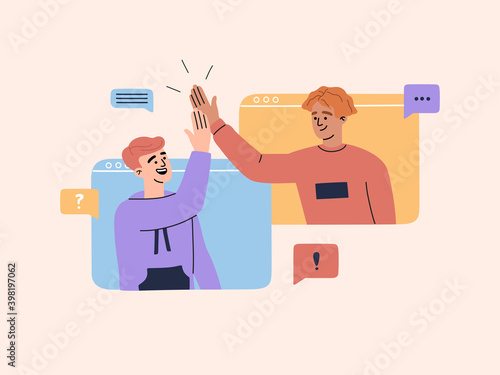 Two happy young guys have online video conference at computer screen, chatting with friends or colleagues, smiling man giving high five and have conversation, vector illustration in flat cartoon style