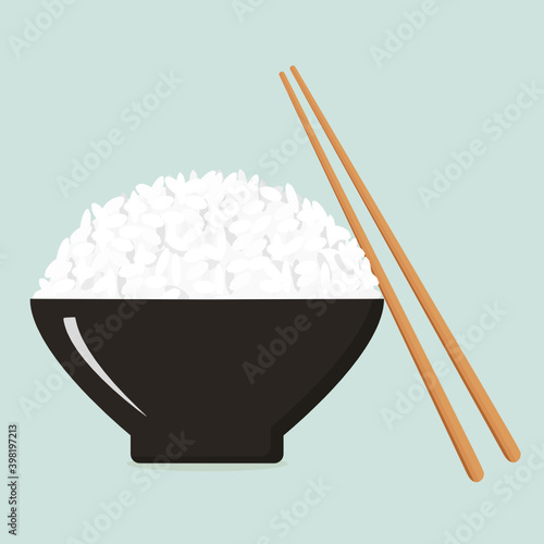 Rice bowl with chopsticks icon sign isolated on green background vector illustration. Cute cartoon food icon.