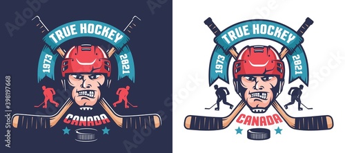 Hockey team emblem with player head and crossed sticks. Retro sport logo. Vector illustration.
