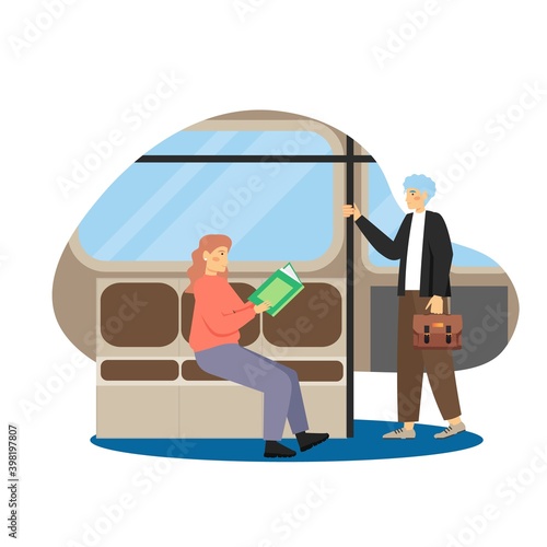 Daily life. Young man and woman commuting to and from work, flat vector illustration.