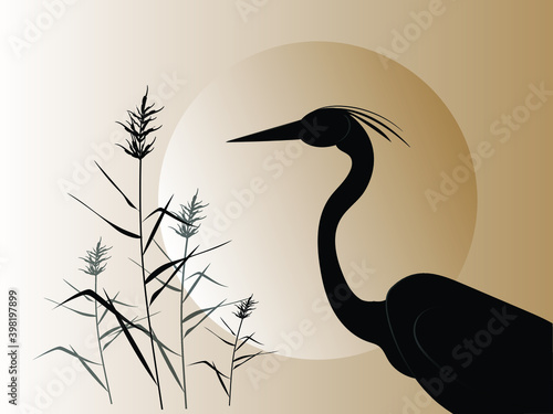 A heron silhouette next to the reeds against the backdrop of a large circle of the sun. Vector drawing.