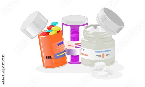 Collection of plastic jars filled with drugs. Vector prevention illness, headache removers, probiotics for stomach health. Healthcare and vitamin idea isolated on white background