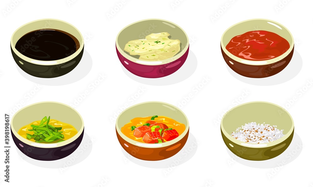 Big set of asian sauces, pastes, condiments, seasonings in bowls soy, cheese, honey mustard, spicy kimchi, crushed roasted sesame seeds and peanuts. Korean cuisine. Vector isolated on white. Big set of asian sauces, pastes, condiments, seasonings in bowls soy, cheese, honey mustard, spicy kimchi, crushed roasted sesame seeds and peanuts. Korean cuisine. Vector isolated on white.