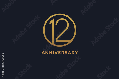Number 12 logo,  gold line circle with number inside, usable for anniversary and invitation, golden number design template, vector illustration