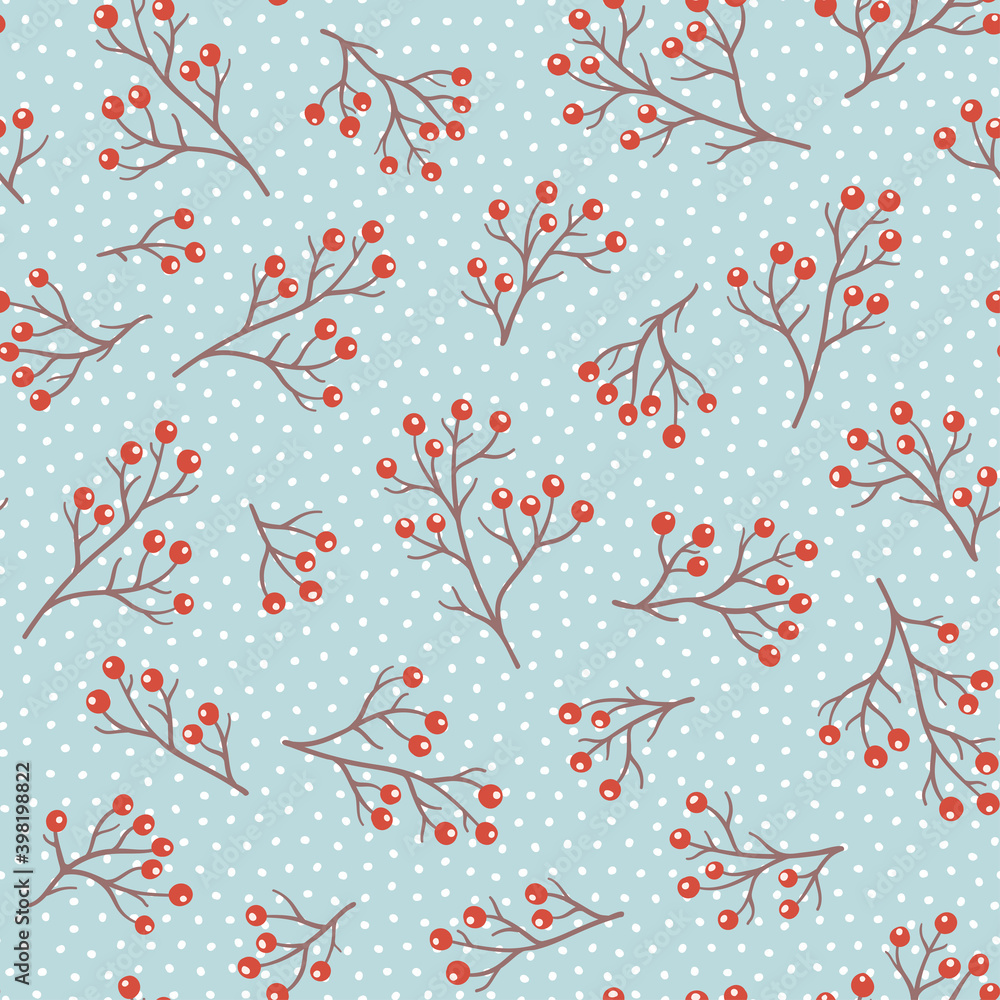 Vector seamless pattern for New Year and Christmas. Cute hand-drawn illustrations with branches on a light background.