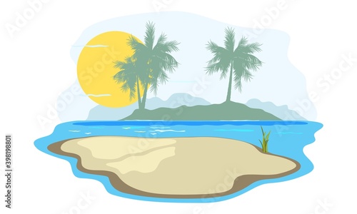 Peaceful and relaxing ocean view, sun over sea, yellow sand and oasis landscape. Vector summer vacation, hot climate, sunbathing on beach design isolated on white background