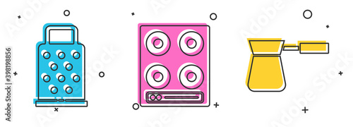 Set Grater, Gas stove and Coffee turk icon. Vector.